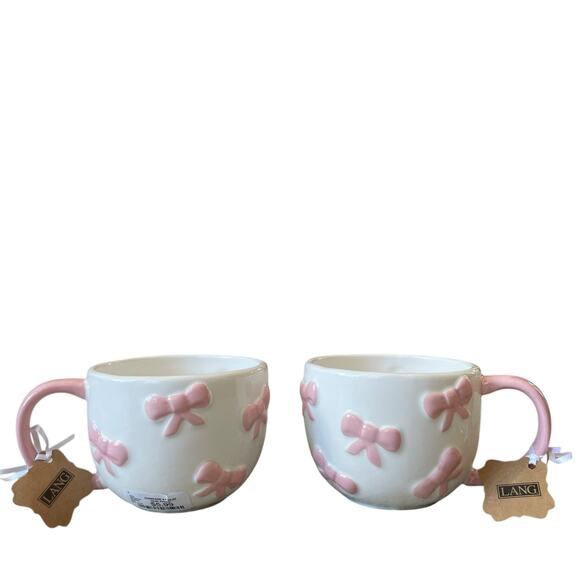 Lang Design Hand Painted Pink Bow Ceramic Teapot and Set of 2 Mugs New - Picture 6 of 16